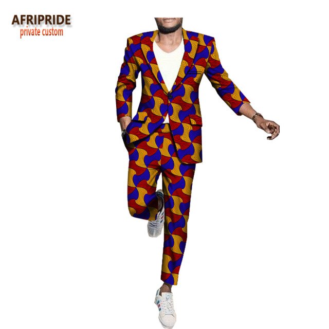 Men`s Business Suit African Print One Button Jacket & Pants Slim Fit Formal Suits Coats Blazer Dashiki