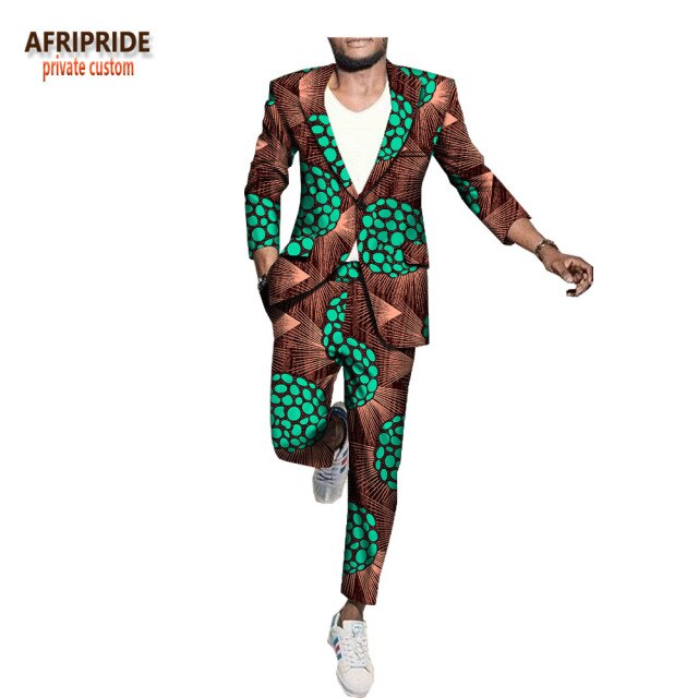 Men`s Business Suit African Print One Button Jacket & Pants Slim Fit Formal Suits Coats Blazer Dashiki