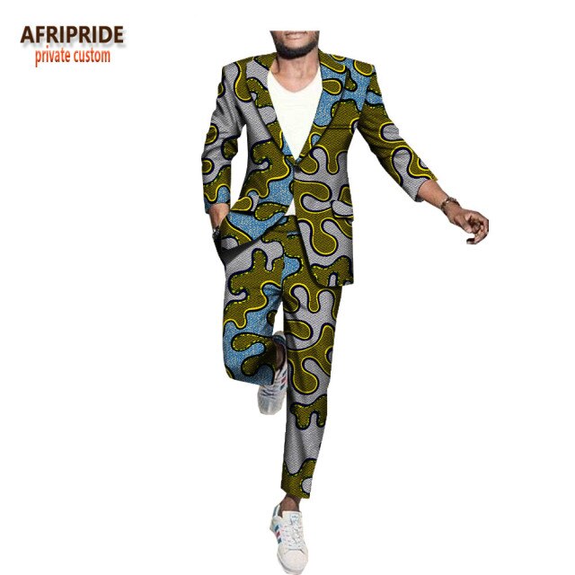 Men`s Business Suit African Print One Button Jacket & Pants Slim Fit Formal Suits Coats Blazer Dashiki