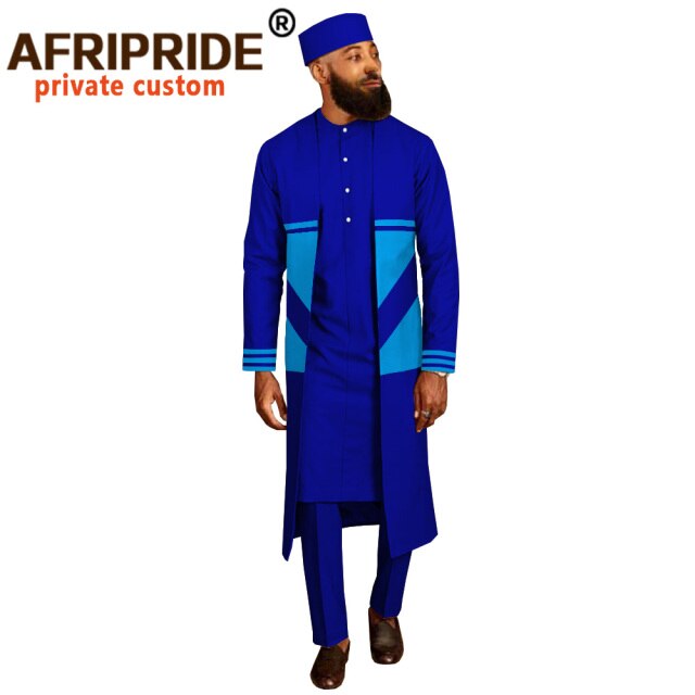 Men`s Suit Long Coats Dashiki Shirts Ankara Pants Traditional Hat 4 piece Set African Clothing Attire Wear