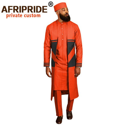 Men`s Suit Long Coats Dashiki Shirts Ankara Pants Traditional Hat 4 piece Set African Clothing Attire Wear