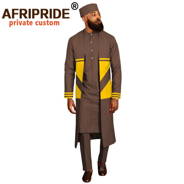Men`s Suit Long Coats Dashiki Shirts Ankara Pants Traditional Hat 4 piece Set African Clothing Attire Wear