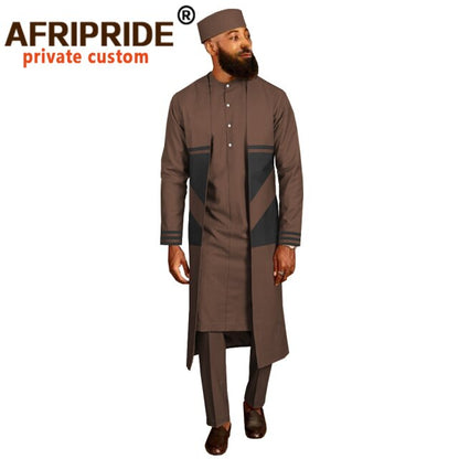 Men`s Suit Long Coats Dashiki Shirts Ankara Pants Traditional Hat 4 piece Set African Clothing Attire Wear