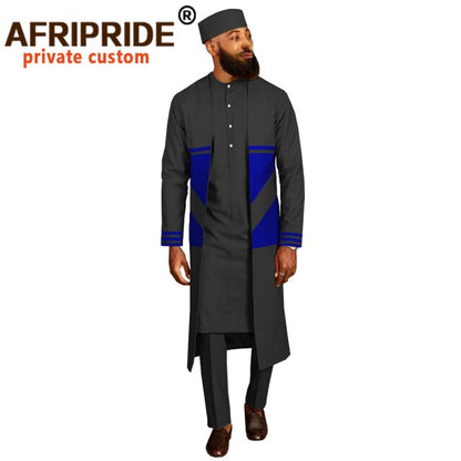 Men`s Suit Long Coats Dashiki Shirts Ankara Pants Traditional Hat 4 piece Set African Clothing Attire Wear