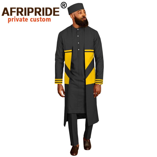 Men`s Suit Long Coats Dashiki Shirts Ankara Pants Traditional Hat 4 piece Set African Clothing Attire Wear