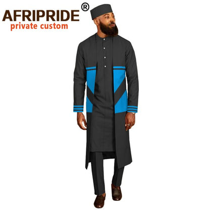 Men`s Suit Long Coats Dashiki Shirts Ankara Pants Traditional Hat 4 piece Set African Clothing Attire Wear