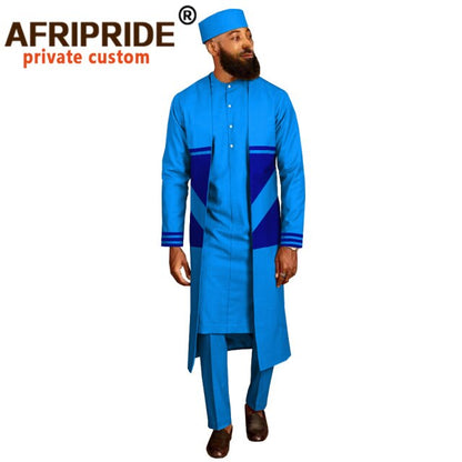 Men`s Suit Long Coats Dashiki Shirts Ankara Pants Traditional Hat 4 piece Set African Clothing Attire Wear