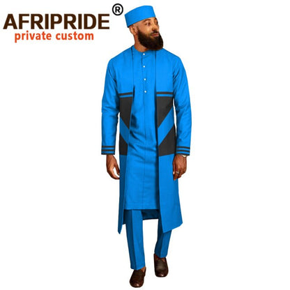 Men`s Suit Long Coats Dashiki Shirts Ankara Pants Traditional Hat 4 piece Set African Clothing Attire Wear