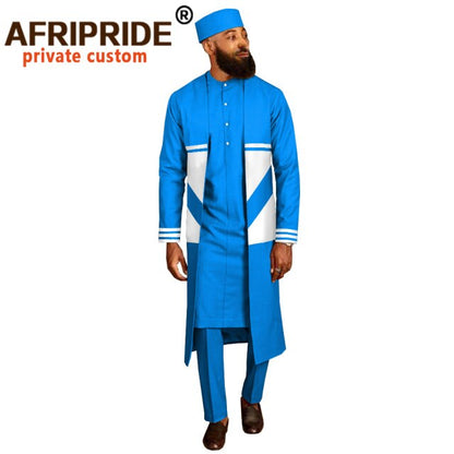 Men`s Suit Long Coats Dashiki Shirts Ankara Pants Traditional Hat 4 piece Set African Clothing Attire Wear