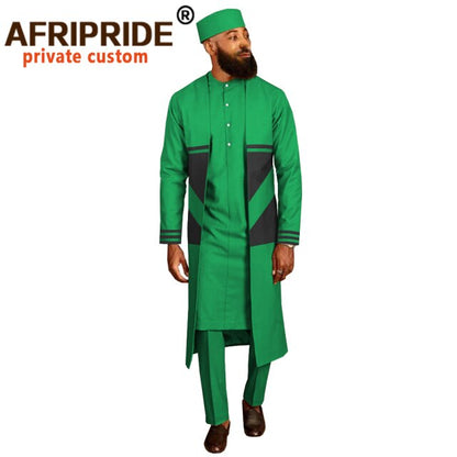 Men`s Suit Long Coats Dashiki Shirts Ankara Pants Traditional Hat 4 piece Set African Clothing Attire Wear