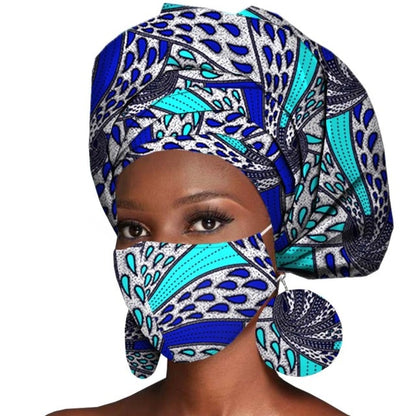 African Headwrap Earrings Hair Accessories Scarf Bonnet Ankara Wax Fabric Head Turban African Headscarf Mask Match Print