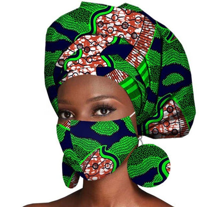 African Headwrap Earrings Hair Accessories Scarf Bonnet Ankara Wax Fabric Head Turban African Headscarf Mask Match Print