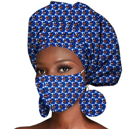 African Headwrap Earrings Hair Accessories Scarf Bonnet Ankara Wax Fabric Head Turban African Headscarf Mask Match Print