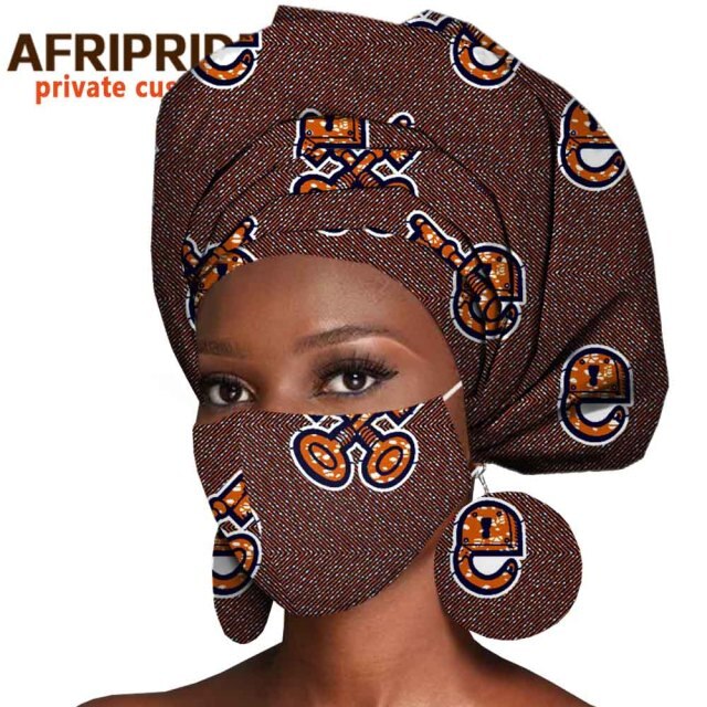 African Headwrap Earrings Hair Accessories Scarf Bonnet Ankara Wax Fabric Head Turban African Headscarf Mask Match Print