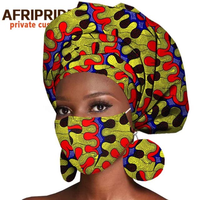 African Headwrap Earrings Hair Accessories Scarf Bonnet Ankara Wax Fabric Head Turban African Headscarf Mask Match Print