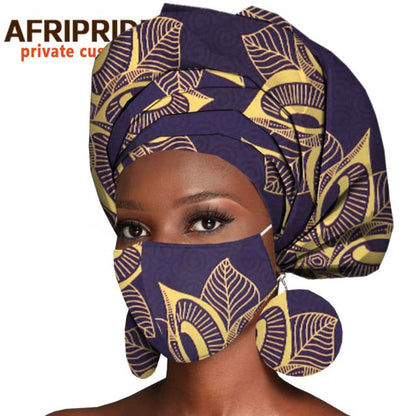 African Headwrap Earrings Hair Accessories Scarf Bonnet Ankara Wax Fabric Head Turban African Headscarf Mask Match Print