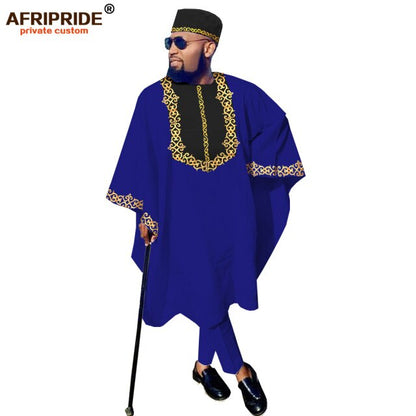 African Clothing for Men Dashiki Outfits Agabada Robe Ankara Pants Tribal Hat Wedding Evening 3 Piece Suit