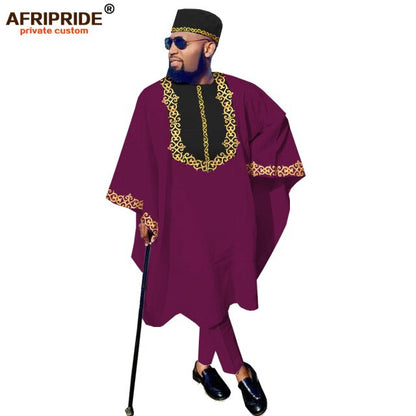 African Clothing for Men Dashiki Outfits Agabada Robe Ankara Pants Tribal Hat Wedding Evening 3 Piece Suit