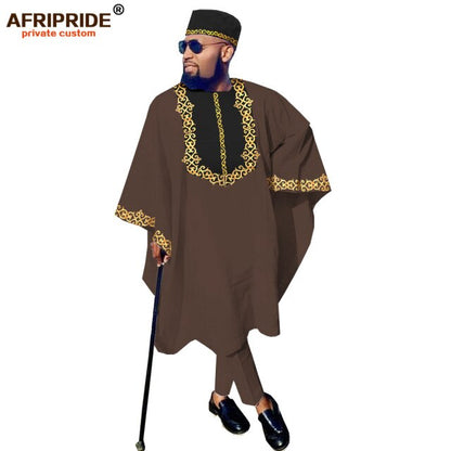 African Clothing for Men Dashiki Outfits Agabada Robe Ankara Pants Tribal Hat Wedding Evening 3 Piece Suit