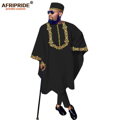 African Clothing for Men Dashiki Outfits Agabada Robe Ankara Pants Tribal Hat Wedding Evening 3 Piece Suit