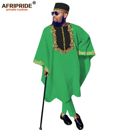 African Clothing for Men Dashiki Outfits Agabada Robe Ankara Pants Tribal Hat Wedding Evening 3 Piece Suit