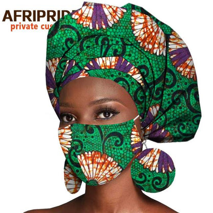 African Headwrap Earrings Hair Accessories Scarf Bonnet Ankara Wax Fabric Head Turban African Headscarf Mask Match Print