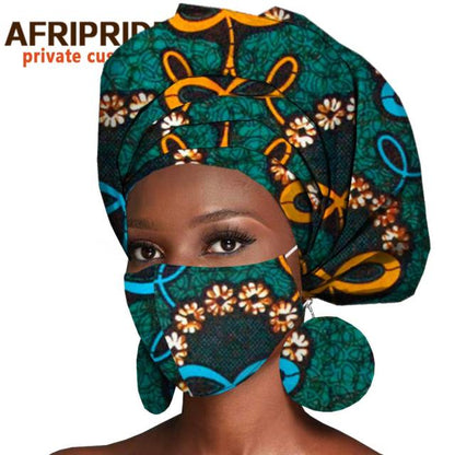 African Headwrap Earrings Hair Accessories Scarf Bonnet Ankara Wax Fabric Head Turban African Headscarf Mask Match Print