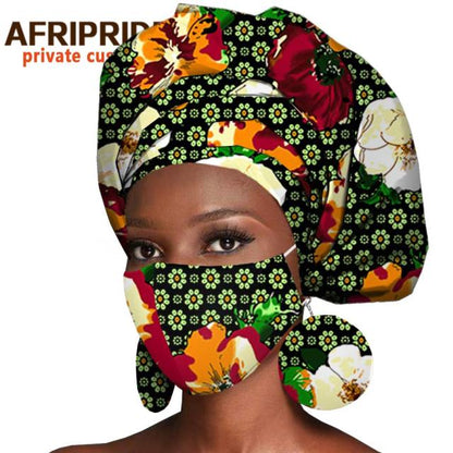 African Headwrap Earrings Hair Accessories Scarf Bonnet Ankara Wax Fabric Head Turban African Headscarf Mask Match Print