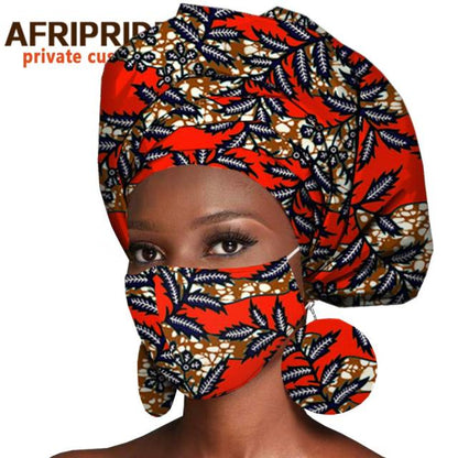 African Headwrap Earrings Hair Accessories Scarf Bonnet Ankara Wax Fabric Head Turban African Headscarf Mask Match Print