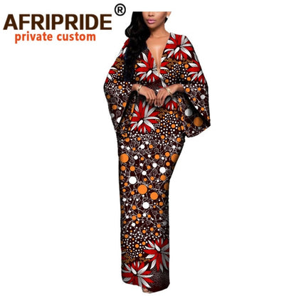 African Dresses for Women Maxi Dress AFRIPRIDE flare sleeve V-neck font and back ankle-length African cotton dress