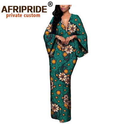 African Dresses for Women Maxi Dress AFRIPRIDE flare sleeve V-neck font and back ankle-length African cotton dress