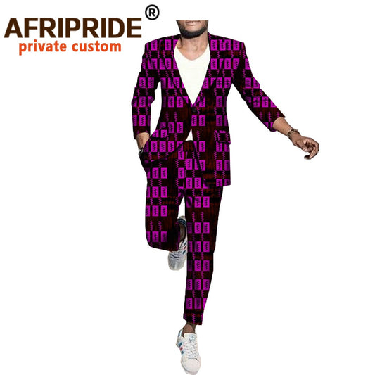 Men`s Business Suit African Print One Button Jacket & Pants Slim Fit Formal Suits Coats Blazer Dashiki