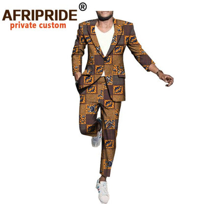 Men`s Business Suit African Print One Button Jacket & Pants Slim Fit Formal Suits Coats Blazer Dashiki