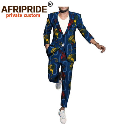 Men`s Business Suit African Print One Button Jacket & Pants Slim Fit Formal Suits Coats Blazer Dashiki