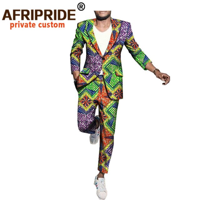 Men`s Business Suit African Print One Button Jacket & Pants Slim Fit Formal Suits Coats Blazer Dashiki