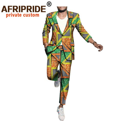 Men`s Business Suit African Print One Button Jacket & Pants Slim Fit Formal Suits Coats Blazer Dashiki