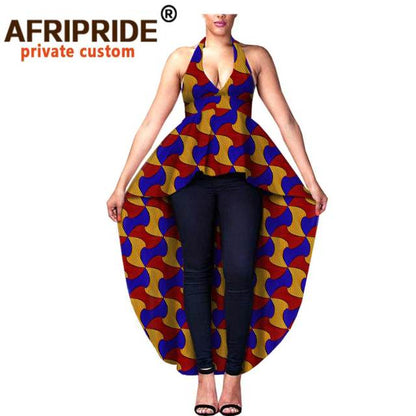 Women Blouse African Ankara Print Shirts Crop Top Skirt Sleeveless V-Neck