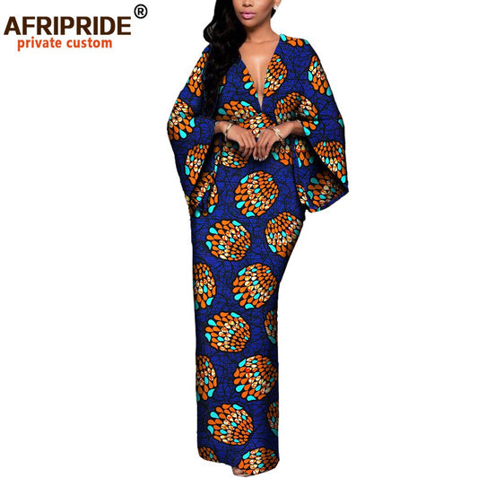 African Dresses for Women Maxi Dress AFRIPRIDE flare sleeve V-neck font and back ankle-length African cotton dress