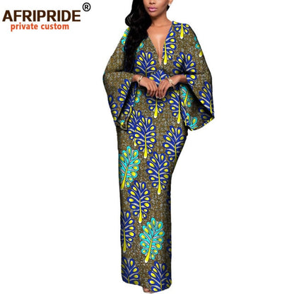 African Dresses for Women Maxi Dress AFRIPRIDE flare sleeve V-neck font and back ankle-length African cotton dress