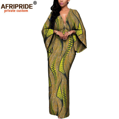 African Dresses for Women Maxi Dress AFRIPRIDE flare sleeve V-neck font and back ankle-length African cotton dress