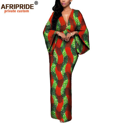 African Dresses for Women Maxi Dress AFRIPRIDE flare sleeve V-neck font and back ankle-length African cotton dress