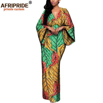 African Dresses for Women Maxi Dress AFRIPRIDE flare sleeve V-neck font and back ankle-length African cotton dress