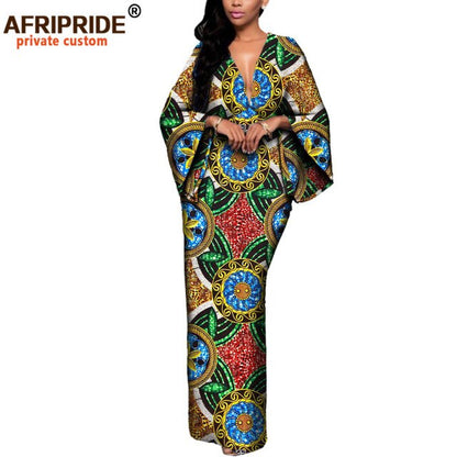African Dresses for Women Maxi Dress AFRIPRIDE flare sleeve V-neck font and back ankle-length African cotton dress