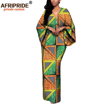 African Dresses for Women Maxi Dress AFRIPRIDE flare sleeve V-neck font and back ankle-length African cotton dress