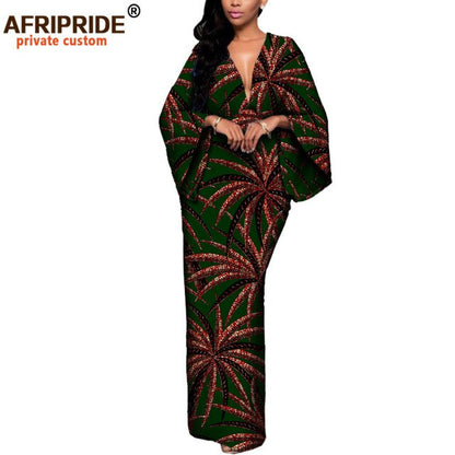 African Dresses for Women Maxi Dress AFRIPRIDE flare sleeve V-neck font and back ankle-length African cotton dress