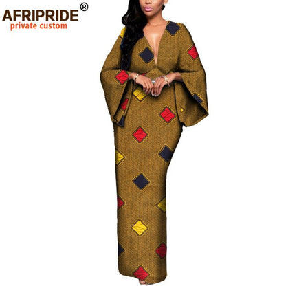 African Dresses for Women Maxi Dress AFRIPRIDE flare sleeve V-neck font and back ankle-length African cotton dress