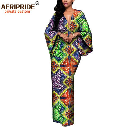 African Dresses for Women Maxi Dress AFRIPRIDE flare sleeve V-neck font and back ankle-length African cotton dress