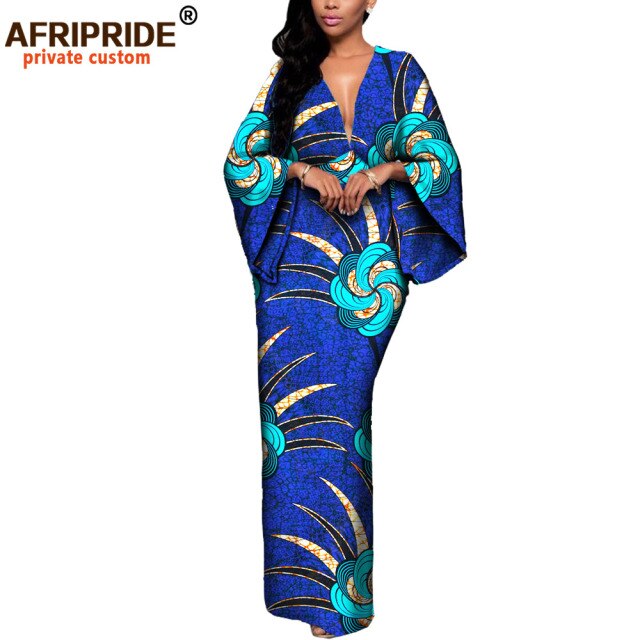 African Dresses for Women Maxi Dress AFRIPRIDE flare sleeve V-neck font and back ankle-length African cotton dress