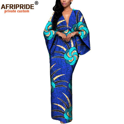 African Dresses for Women Maxi Dress AFRIPRIDE flare sleeve V-neck font and back ankle-length African cotton dress