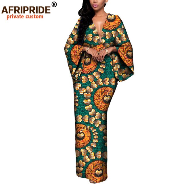 African Dresses for Women Maxi Dress AFRIPRIDE flare sleeve V-neck font and back ankle-length African cotton dress